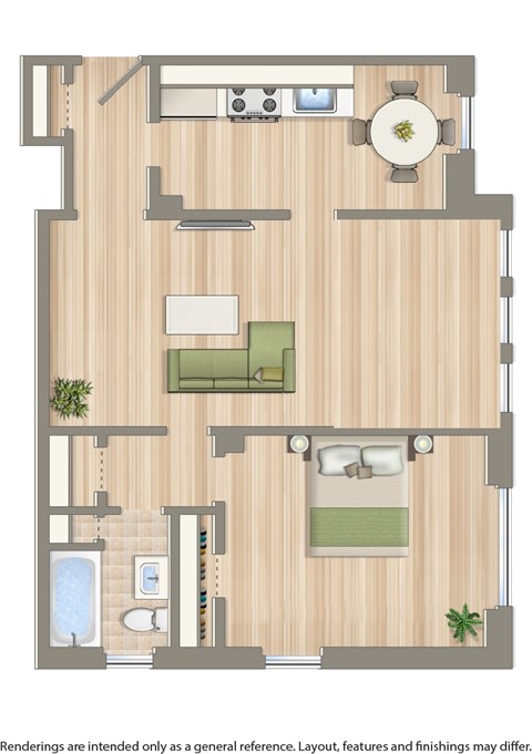 Floor plan for 1 bed, 1 bath, 734 sqft
